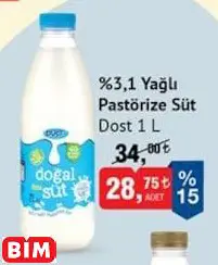 Dost %3.1 Yağlı Pastörize Süt 1 l Dost %3.1 Yağlı Pastörize Süt 1 l