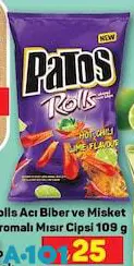 Patos Rolls Acı Biber ve Misket Limon Aromalı Mısır Cipsi 109 g Patos Rolls Acı Biber ve Misket Limon Aromalı Mısır Cipsi 109 g