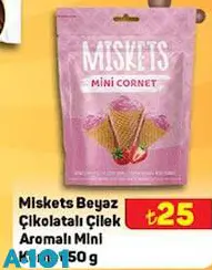 Miskets Beyaz Çikolatalı Çilek Aromalı Mini Kornet 50 g Miskets Beyaz Çikolatalı Çilek Aromalı Mini Kornet 50 g