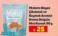Miskets Beyaz Çikolatalı ve Kaymak Aromalı Krema Dolgulu Mini Kornet 50 g Miskets Beyaz Çikolatalı ve Kaymak Aromalı Krema Dolgulu Mini Kornet 50 g