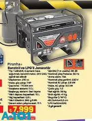 Piranha Benzinli ve LPG'li Jeneratör Piranha Benzinli ve LPG'li Jeneratör