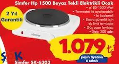 Simfer HP 1500 Beyaz Tekli Elektrikli Ocak Simfer HP 1500 Beyaz Tekli Elektrikli Ocak