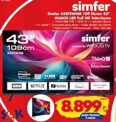 Simfer 43SFSW4M 43 inç 109 Ekran Full HD Uydu Alıcılı WebOS LED Full HD Televizyon Akıllı TV Simfer 43SFSW4M 43 inç 109 Ekran Full HD Uydu Alıcılı WebOS LED Full HD Televizyon Akıllı TV