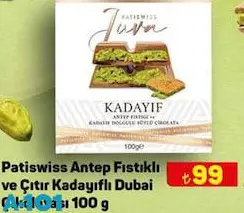 Patiswiss Antep Fıstıklı ve Çıtır Kadayıflı Dubai Çikolatası 100 g Patiswiss Antep Fıstıklı ve Çıtır Kadayıflı Dubai Çikolatası 100 g