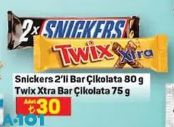 Snickers 2'li Bar Çikolata 80 g - Twix Xtra Bar Çikolata 75 g Snickers 2'li Bar Çikolata 80 g - Twix Xtra Bar Çikolata 75 g
