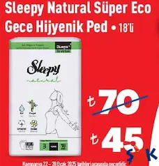 Sleepy Natural Süper Eco Gece Hijyenik Ped 18'li Sleepy Natural Süper Eco Gece Hijyenik Ped 18'li