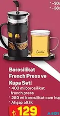 Borosilikat French Press ve Kupa Seti 400 ml Borosilikat French Press ve Kupa Seti 400 ml