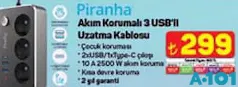 Piranha Akım Korumalı 3 USB'li Uzatma Kablosu Piranha Akım Korumalı 3 USB'li Uzatma Kablosu
