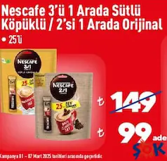 Nescafe 3'ü 1 Arada Sütlü / 2'si 1 Arada Orijinal 25'li Kahve Nescafe 3'ü 1 Arada Sütlü / 2'si 1 Arada Orijinal 25'li Kahve