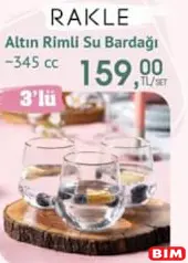 Rakle Altın Rimli Su Bardağı 345 cc 3'lü Rakle Altın Rimli Su Bardağı 345 cc 3'lü
