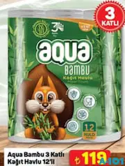 Aqua Bambu 3 Katlı Kağıt Havlu 12'li Aqua Bambu 3 Katlı Kağıt Havlu 12'li