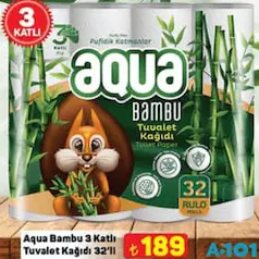 Aqua Bambu 3 Katlı Tuvalet Kağıdı 32'li Aqua Bambu 3 Katlı Tuvalet Kağıdı 32'li