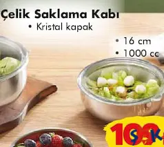 Çelik Saklama Kabı Kristal Kapak 16 cm 1000 cc Çelik Saklama Kabı Kristal Kapak 16 cm 1000 cc