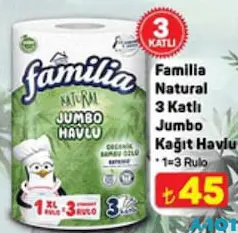 Familia Natural 3 Katlı Jumbo Kağıt Havlu 1=3 Rulo Familia Natural 3 Katlı Jumbo Kağıt Havlu 1=3 Rulo