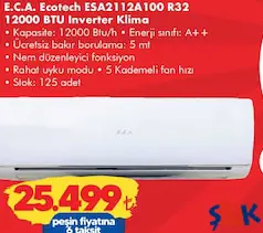 E.C.A. Ecotech ESA2112A100 R32 A++ 12000 BTU Inverter Duvar Tipi Klima