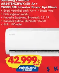 Samsung Premium AR24TSHZHWK/SK A++ 24000 BTU Inverter Duvar Tipi Klima