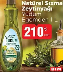 Yudum Egemden Natürel Sızma Zeytinyağı 1 L - BİM'de 210,00 TL
