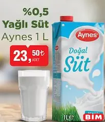 Aynes %0,5 Yağlı Süt 1 L - BİM'de 23,50 TL