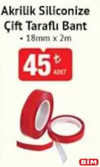 Akrilik Siliconize Çift Taraflı Bant 18 mm x 2 m Akrilik Siliconize Çift Taraflı Bant 18 mm x 2 m - BİM'de 45,00 TL