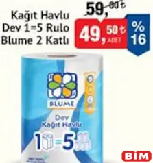 Blume Kağıt Havlu Dev 1=5 Rulo 2 Katlı Blume Kağıt Havlu Dev 1=5 Rulo 2 Katlı - BİM'de 49,50 TL