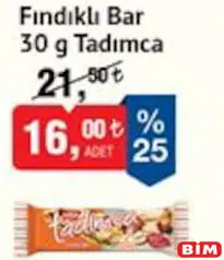Tadım Fındıklı Bar 30 g Tadım Fındıklı Bar 30 g - BİM'de 16,00 TL
