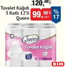 Queen Tuvalet Kağıdı 3 Katlı 12'li Queen Tuvalet Kağıdı 3 Katlı 12'li - BİM'de 99,50 TL