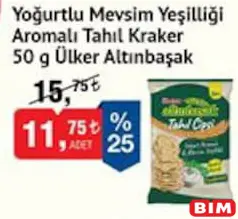 Ülker Altınbaşak Yoğurtlu Mevsim Yeşilliği Aromalı Tahıl Kraker Tahıl Cipsi 50 g Ülker Altınbaşak Yoğurtlu Mevsim Yeşilliği Aromalı Tahıl Kraker Tahıl Cipsi 50 g - BİM'de 11,75 TL