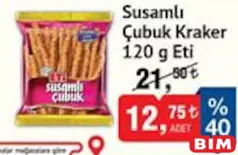 Eti Susamlı Çubuk Kraker 120 g Eti Susamlı Çubuk Kraker 120 g - BİM'de 12,75 TL
