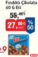 Eti Fındıklı Çikolata 60 g Eti Fındıklı Çikolata 60 g - BİM'de 27,00 TL