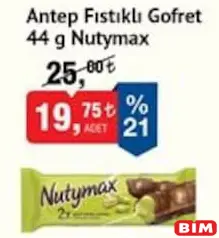 Şölen Nutymax Antep Fıstıklı Gofret 44 gr Şölen Nutymax Antep Fıstıklı Gofret 44 gr - BİM'de 19,75 TL