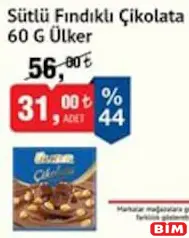 Ülker Sütlü Fındıklı Çikolata 60 g Ülker Sütlü Fındıklı Çikolata 60 g - BİM'de 31,00 TL