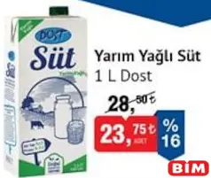 Dost Yarım Yağlı Süt 1 l Dost Yarım Yağlı Süt 1 l - BİM'de 23,75 TL
