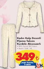 Kadın Kalp Desenli Pijama Takımı Kurdele Aksesuarlı - ŞOK'da 349,00 TL