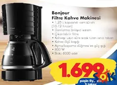 Arzum Bonjour Filtre Kahve Makinesi - ŞOK'da 1.699,00 TL