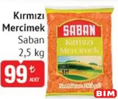 Saban Kırmızı Mercimek 2,5 kg Saban Kırmızı Mercimek 2,5 kg - BİM'de 99,00 TL