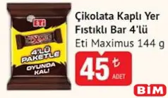 Eti Maximus Çikolata Kaplı Yer Fıstıklı Bar 4'lü 144 g Eti Maximus Çikolata Kaplı Yer Fıstıklı Bar 4'lü 144 g - BİM'de 45,00 TL