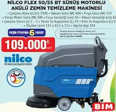Nilco Flex 50/55 BT Sürüş Motorlu Akülü Zemin Temizleme Makinesi - BİM'de 109.000,00 TL