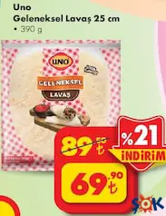 Uno Geleneksel Lavaş 25 cm 6'lı 390 gr - ŞOK'da 69,90 TL