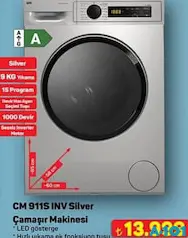 Seg CM 911S INV 1000 Devir 9 kg Silver Çamaşır Makinesi - A101'de 13.999,00 TL