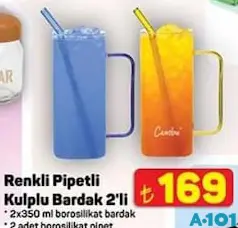 Renkli Pipetli Kulplu Bardak 2'li - A101'de 169,00 TL