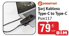 PoloSmart PSM117 Şarj Kablosu Type-C to Type-C PoloSmart PSM117 Şarj Kablosu Type-C to Type-C - BİM'de 79,00 TL