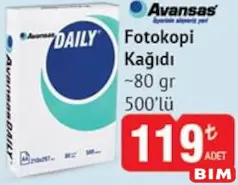 Avansas Fotokopi Kağıdı A4 80 gr 500'lü Avansas Fotokopi Kağıdı A4 80 gr 500'lü - BİM'de 119,00 TL