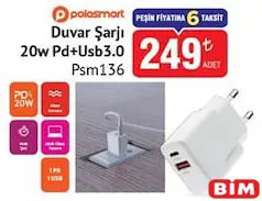 PoloSmart PSM136 Duvar Şarjı 20 W Pd + USB 3.0 PoloSmart PSM136 Duvar Şarjı 20 W Pd + USB 3.0 - BİM'de 249,00 TL
