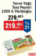 Yörükoğlu Yarım Yağlı Tost Peyniri 1000 g - BİM'de 219,00 TL