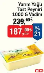 Vadim Yarım Yağlı Tost Peyniri 1000 g - BİM'de 187,00 TL