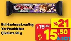Eti Maximus Loading Yer Fıstıklı Bar Çikolata 50 g Eti Maximus Loading Yer Fıstıklı Bar Çikolata 50 g - A101'de 15,50 TL