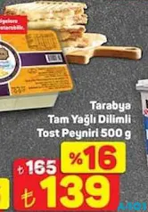Tarabya Tam Yağlı Dilimli Tost Peyniri 500 g Tarabya Tam Yağlı Dilimli Tost Peyniri 500 g - A101'de 139,00 TL