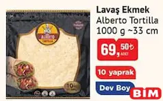 Alberto Tortilla Lavaş Ekmek 1000 g 33 cm Alberto Tortilla Lavaş Ekmek 1000 g 33 cm - BİM'de 69,50 TL
