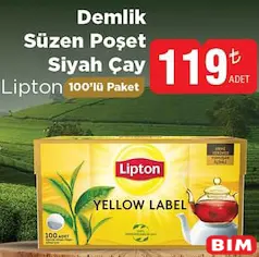 Lipton Yellow Label Demlik Süzen Poşet Siyah Çay 100'lü Lipton Yellow Label Demlik Süzen Poşet Siyah Çay 100'lü - BİM'de 119,00 TL