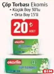 Ekomis 30'lu Küçük Boy 40x50 cm Çöp Poşeti Ekomis 30'lu Küçük Boy 40x50 cm Çöp Poşeti - BİM'de 20,00 TL